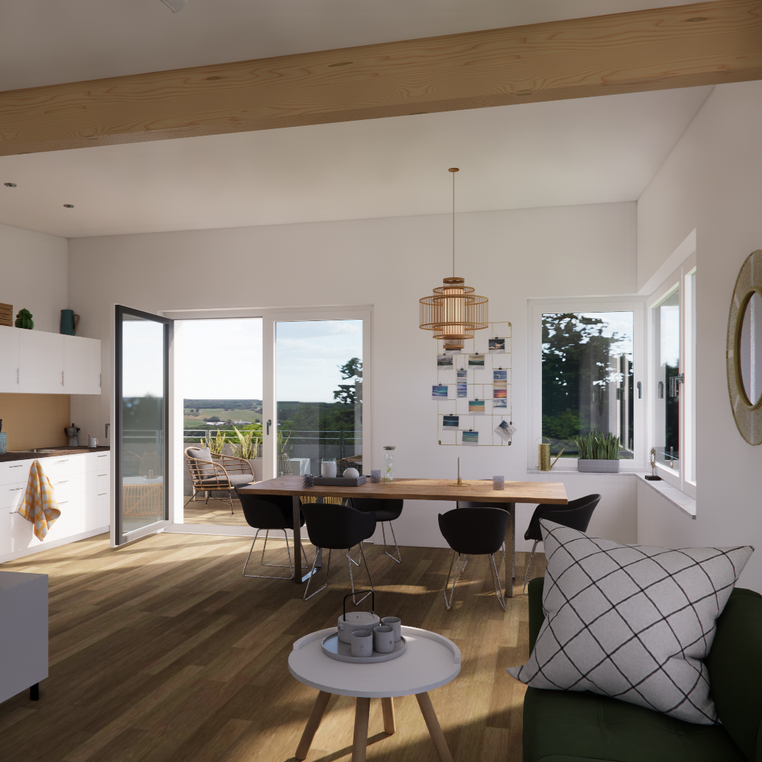 Moderne Inneneinrichtung mit Couch und Esstisch