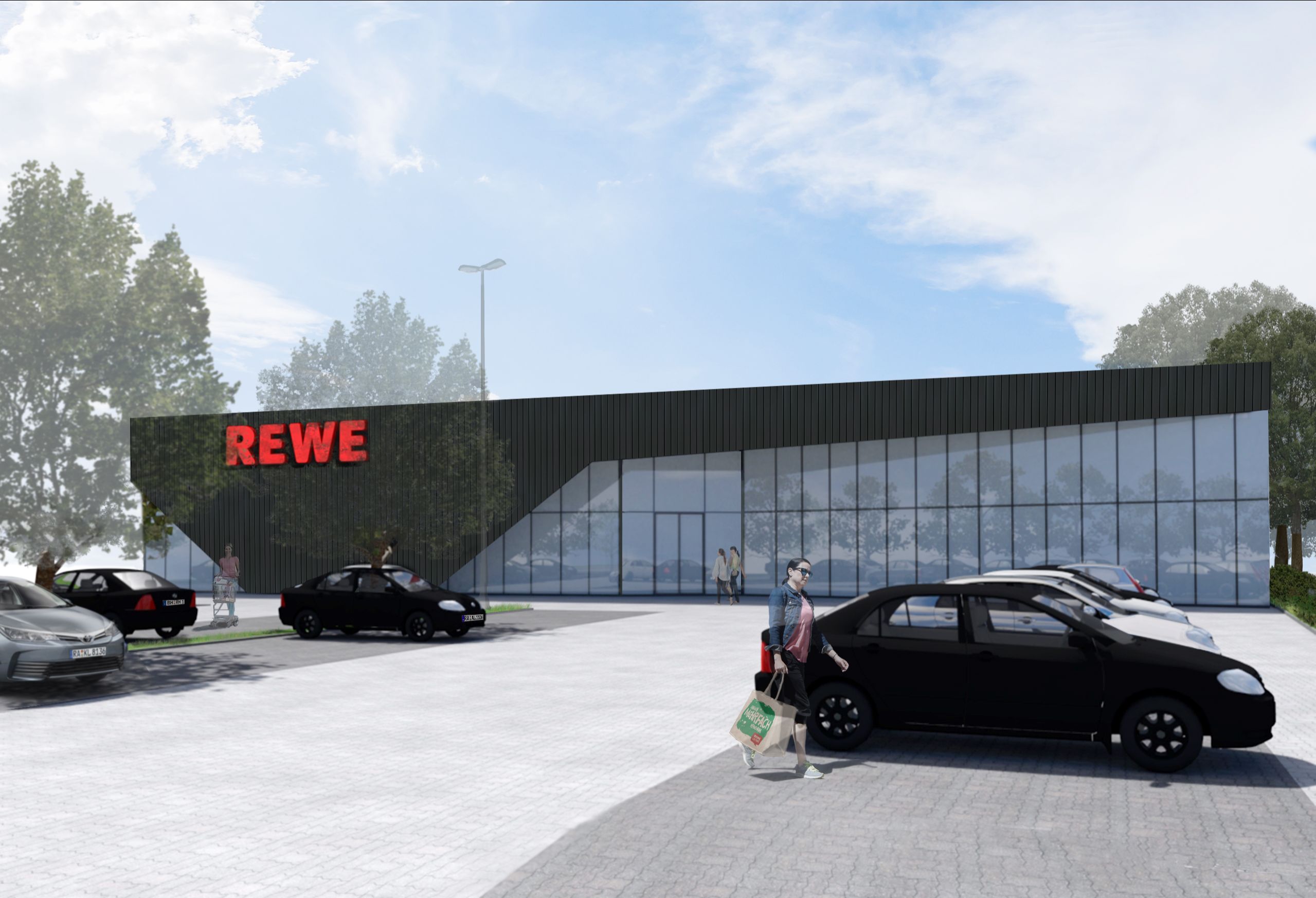 Rewe Modell Außenfassade mit Parkplatz