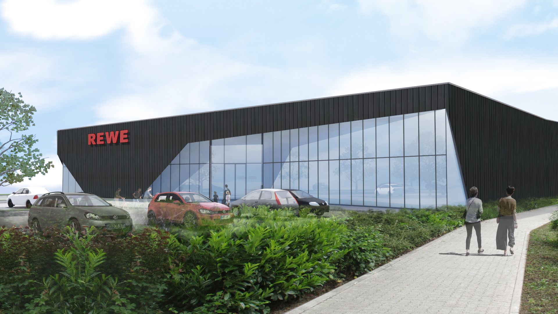 Rewe Modell Außenfassade mit Parkplatz
