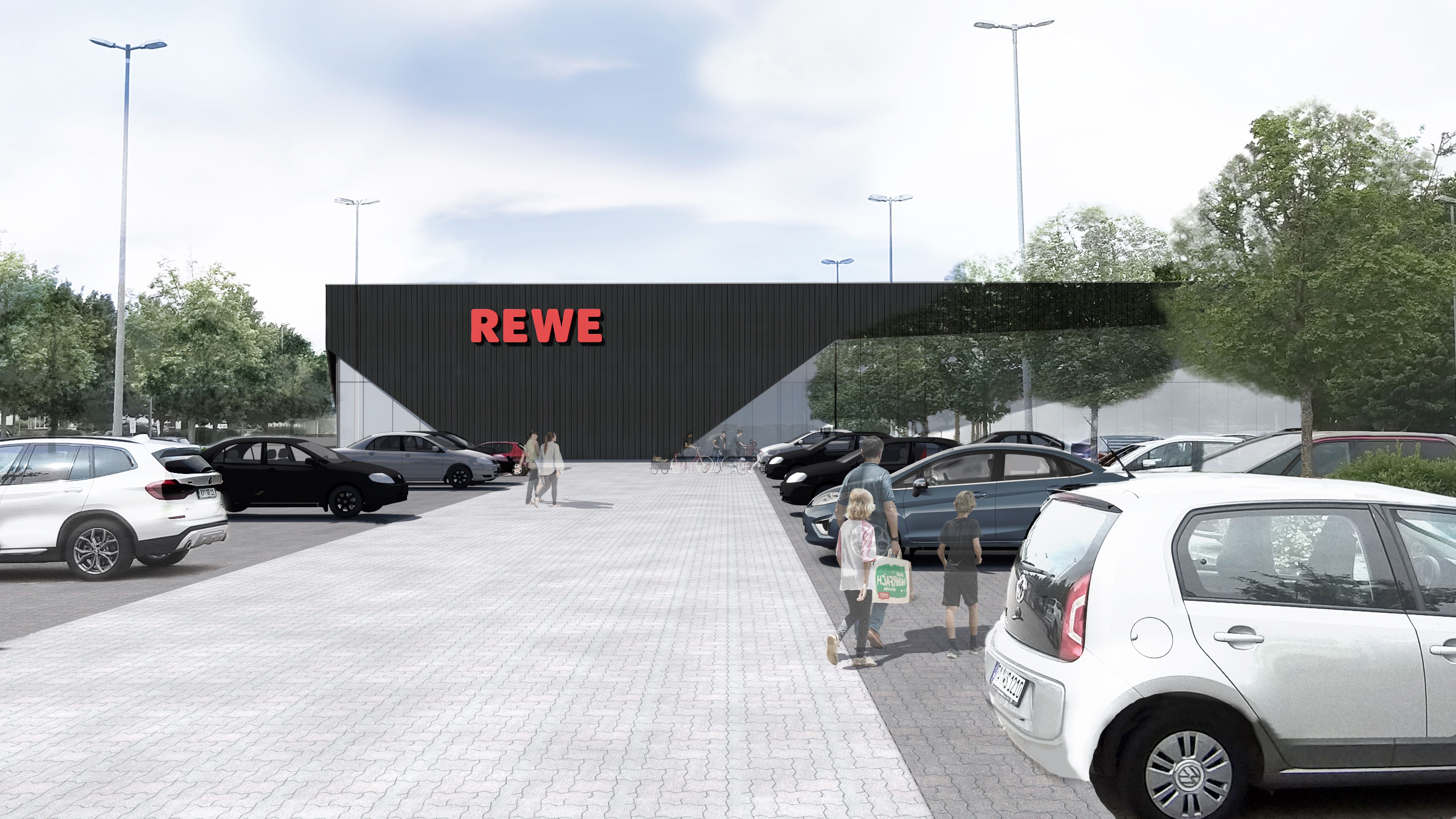 Rewe 3D-Modell auf dem Parkplatz